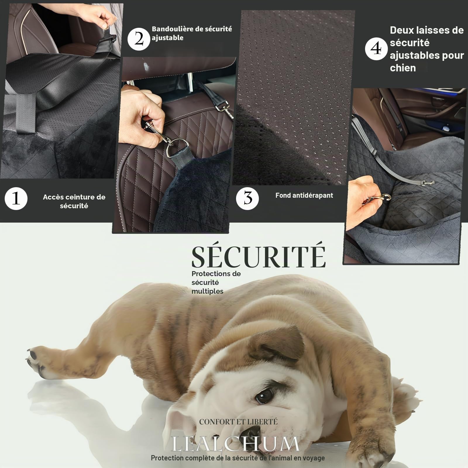 Lealchum Siège de voiture rehausseur pour chiens S/M, coussin surélevé doux de 15,2 cm, s'adapte aux sièges avant/arrière, amovible et lavable, 2 poches de rangement