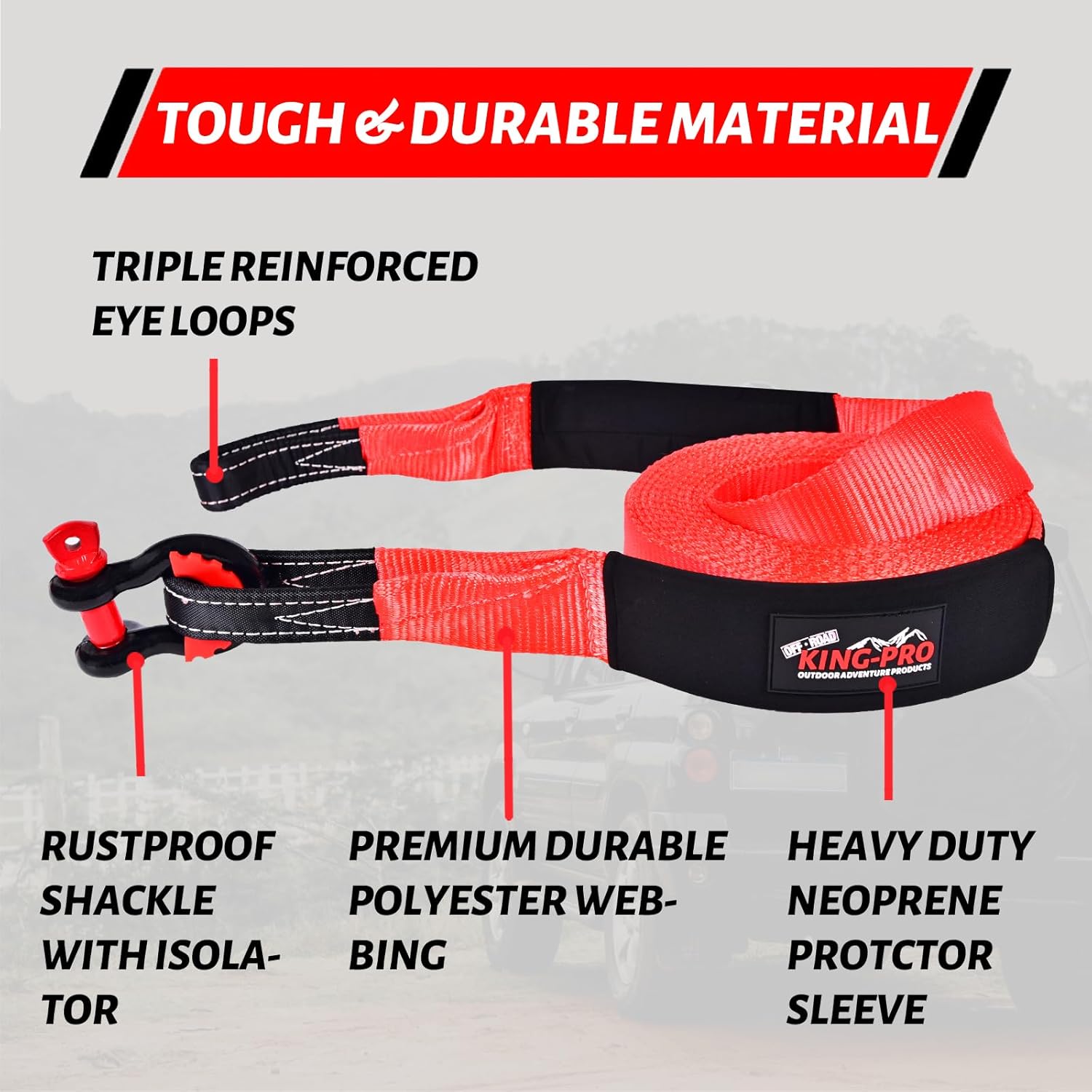KING-PRO Snatch Strap Recovery Kit 3" x 20ft, 33,000lbs Breaking Strength with 23% Elongation, 100% Nylon Kinetic Towing Strap with 2pcs Heavy Duty 3/4 D Ring Shackles for Truck SUV ATV Off Road - Image 3