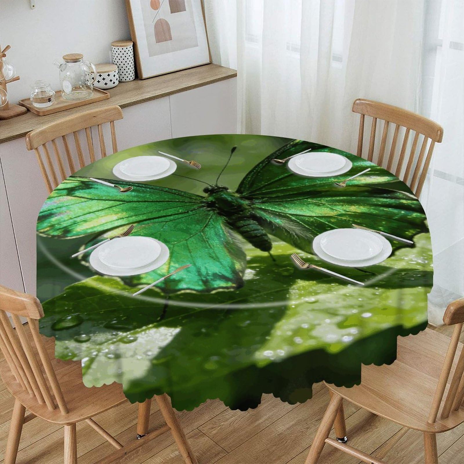 Khauerbc Style Butterfly-Green Round Tablecloths,Spill Proof,Polyester Fabric Washable Table Cloth Cover For Dining Wedding And Outdoor,Soft Toching And Easy Clean