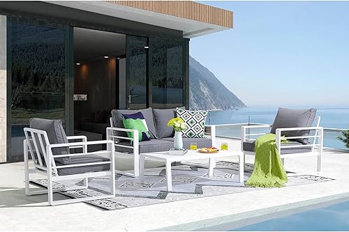 Miniatura 7 de Patiorama Mesa de centro de aluminio para patio al aire libre, mesa de centro de metal para todo tipo de clima, mesa de centro rectangular moderna,