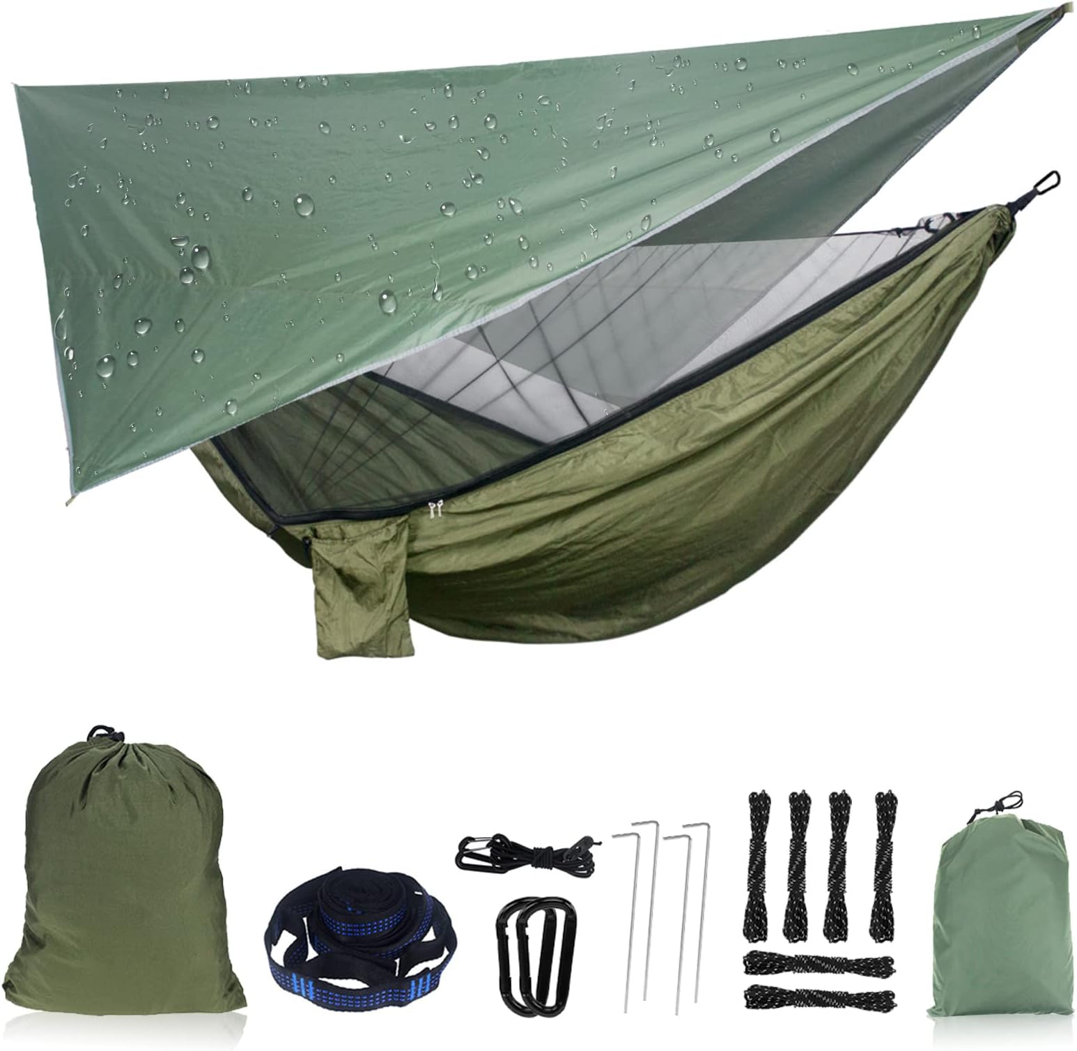 Camping Hammock with Mosquito Net and Rain Fly Tarp,Portable Single Nylon Parachute Hammock Rainfly Set,Tree Straps Swing Hammock Bed for Outdoor Backpacking Backyard Hiking(ArmyGreen)