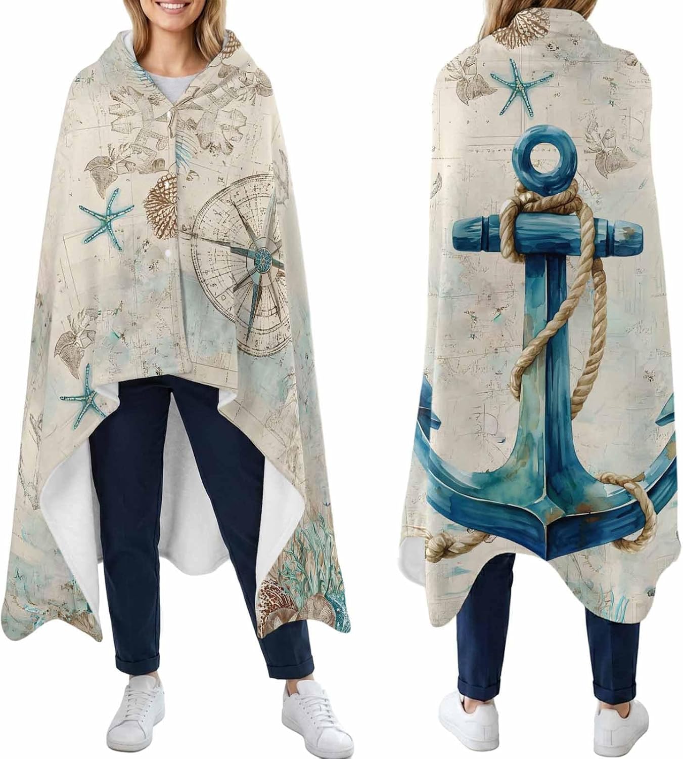 Marine Nautical Sailing Anchor Wearable Blanket for Women Men,Flannel Fleece Wrap Throw Blankets with Pockets