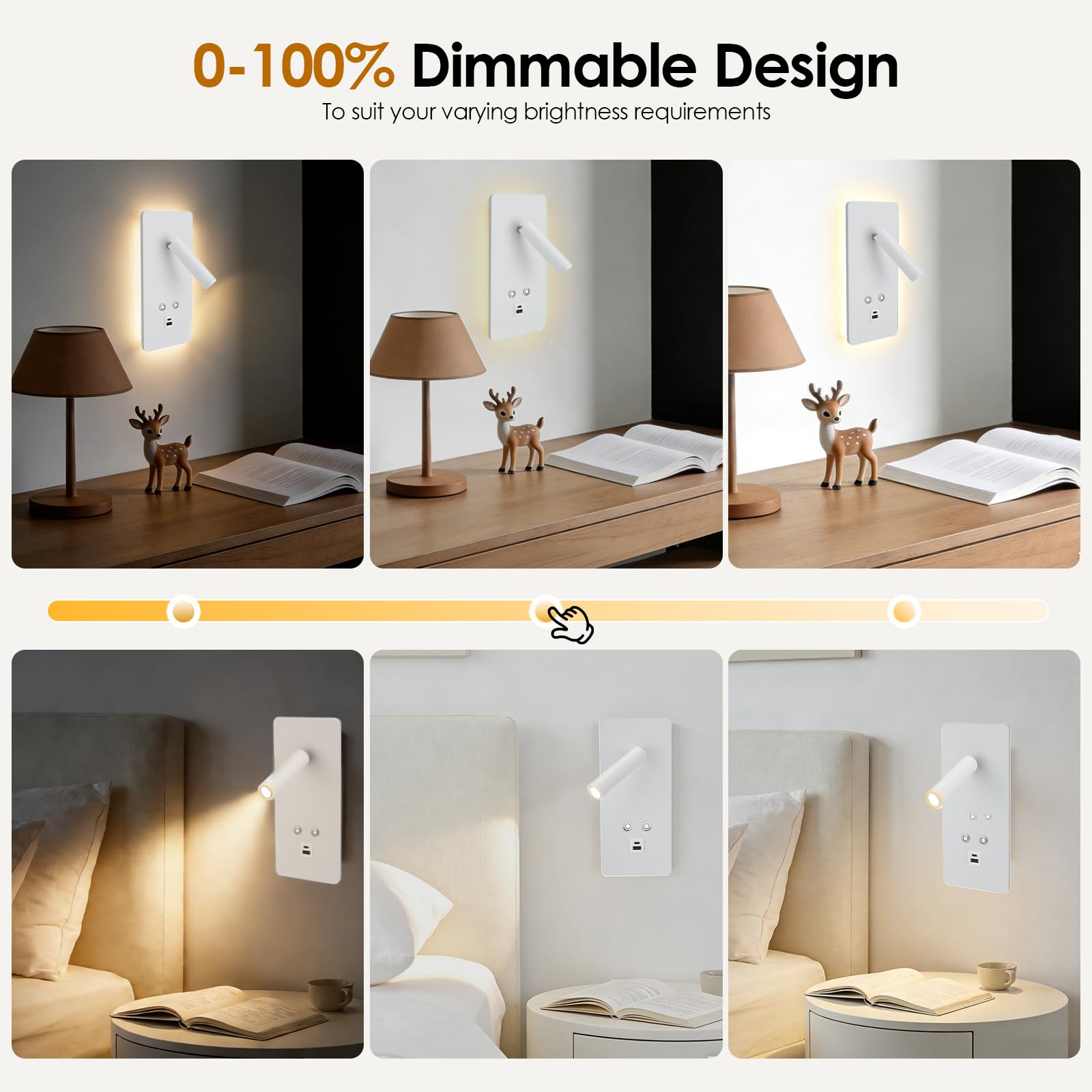 2 lampade da lettura a LED da parete lampada da lettura a intensità regolabile in continuo, lampada da parete con porta di ricarica USB e Type-C e interruttore per camera da letto, hotel(Bianco)