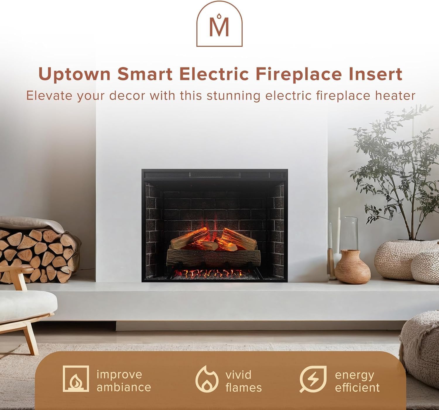 Modern Ember Uptown - Smart Home Electric Fireplace Insert, Electric Heater Heats up to 400 sq. ft., Wall Fireplace Electric with Remote Control for Heat Settings and Flame Colors, 28-inch