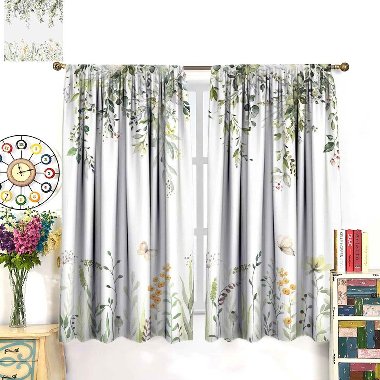Fall Eucalyptus Leaf Blackout Curtains, Watercolor Fall Thanksgiving Floral Plant Butterfly Rod Pocket Curtains for Bedroom Living Room Curtains42X45 Inch