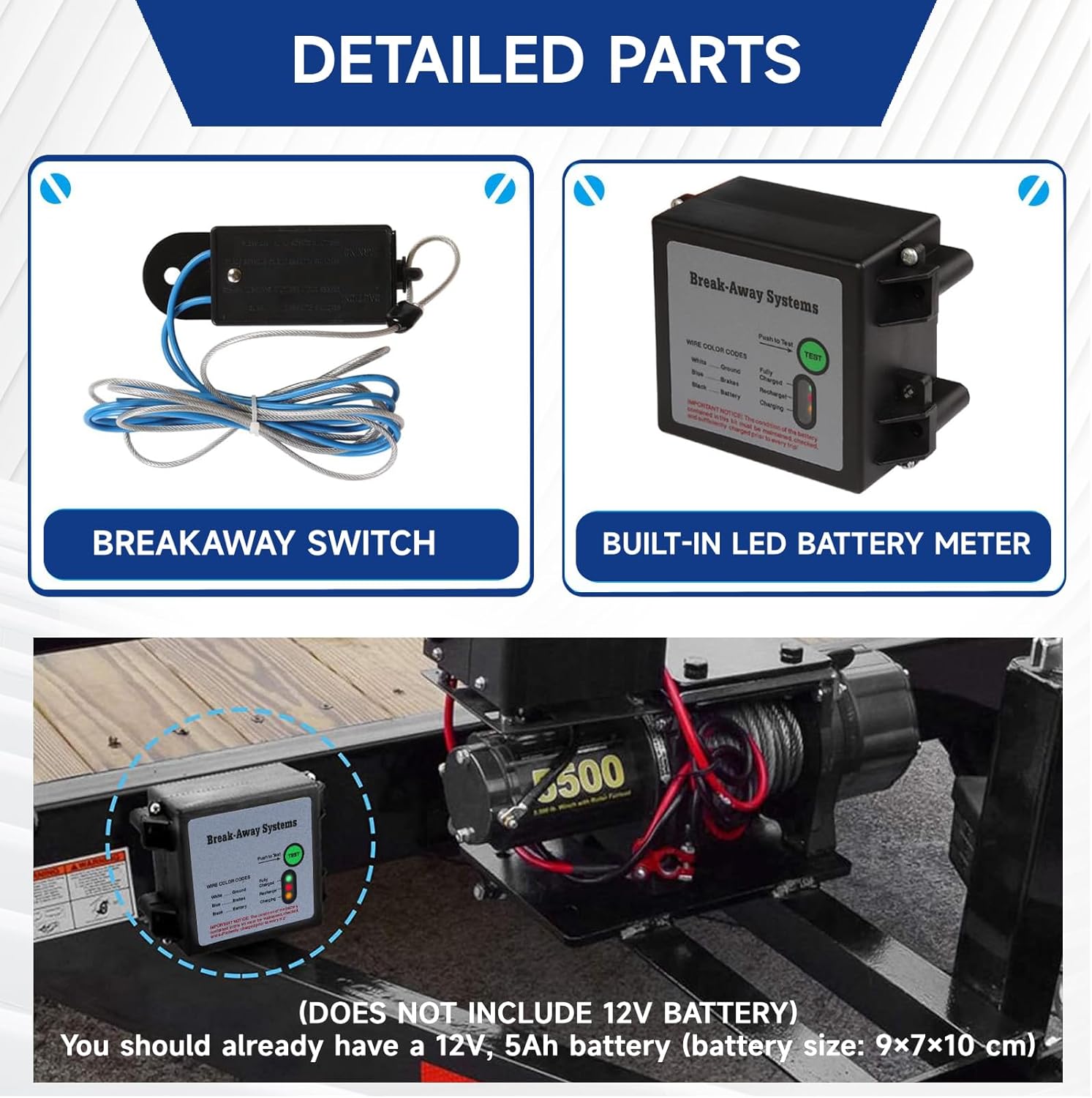 Trailer Breakaway Kit - Waterproof Electric Trailer Break Away System Universal for Trailer Caravan, Vehicle - Does NOT Include 12V Battery