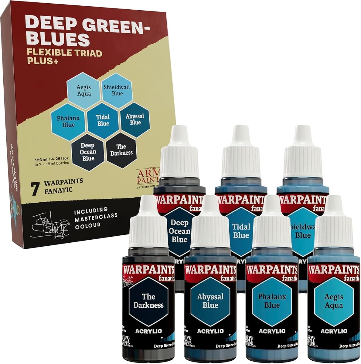 Warpaints Flexible Triad Plus+: Verde profundo-Azul 7x18ml | Juego de pintura, incl. 6 x Warpaints Fanatic y 1 pintura modelo John Blanche Acrylics, pintura en miniatura para Dnd y Warhammer