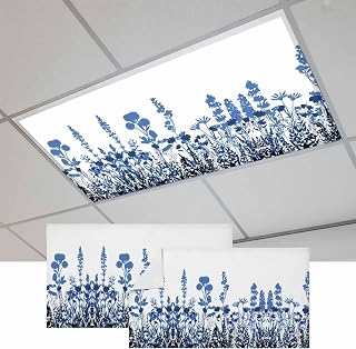 Ceiling Light Cover for Classroom, Rustic Field Magnetic Fluorescent Light Covers Filter for School,Office, 2X4 FT, Pack of 2, Silhouette Flower Herb Blue