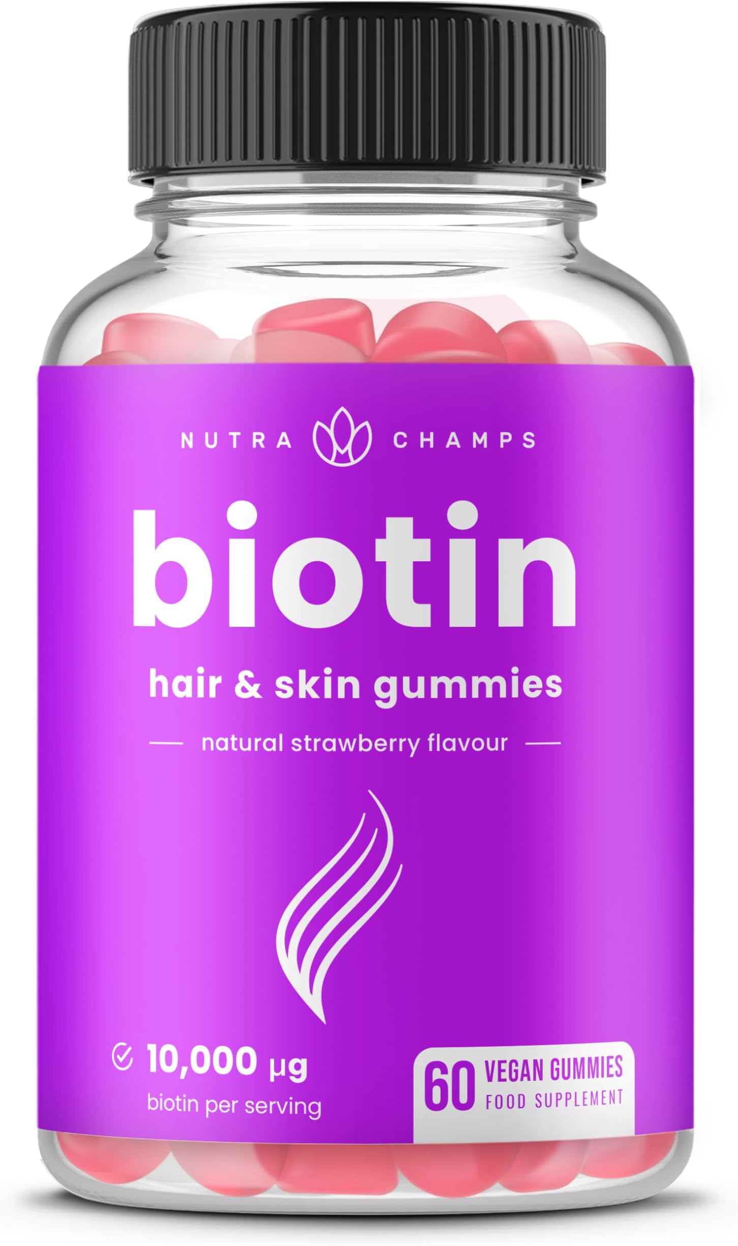 Biotin Gummies 10,000µg – Hair Skin & Nails Vitamins – Hair Growth Gummies for Women & Men – Biotin Hair Vitamins Supplement – Strawberry Hair Gummies – Vegan – 60 Gummies (1 Month Supply)