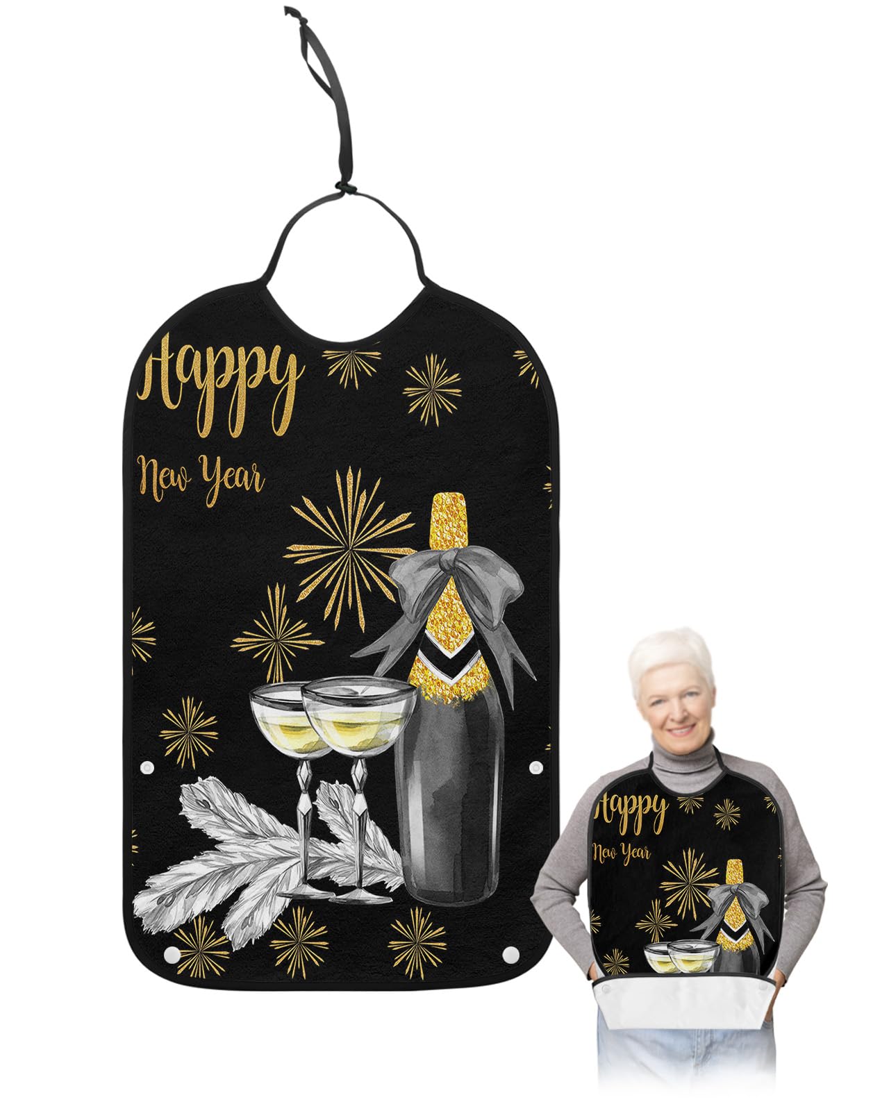 LEOKOTI Hapyy New Year Adult Bibs for Eating, Waterproof Bibs with Food Catcher & Adjustable Snap Closure, Yellow Firework Champagne Classic Black Washable Clothing Protectors Adult Bibs for Elderly