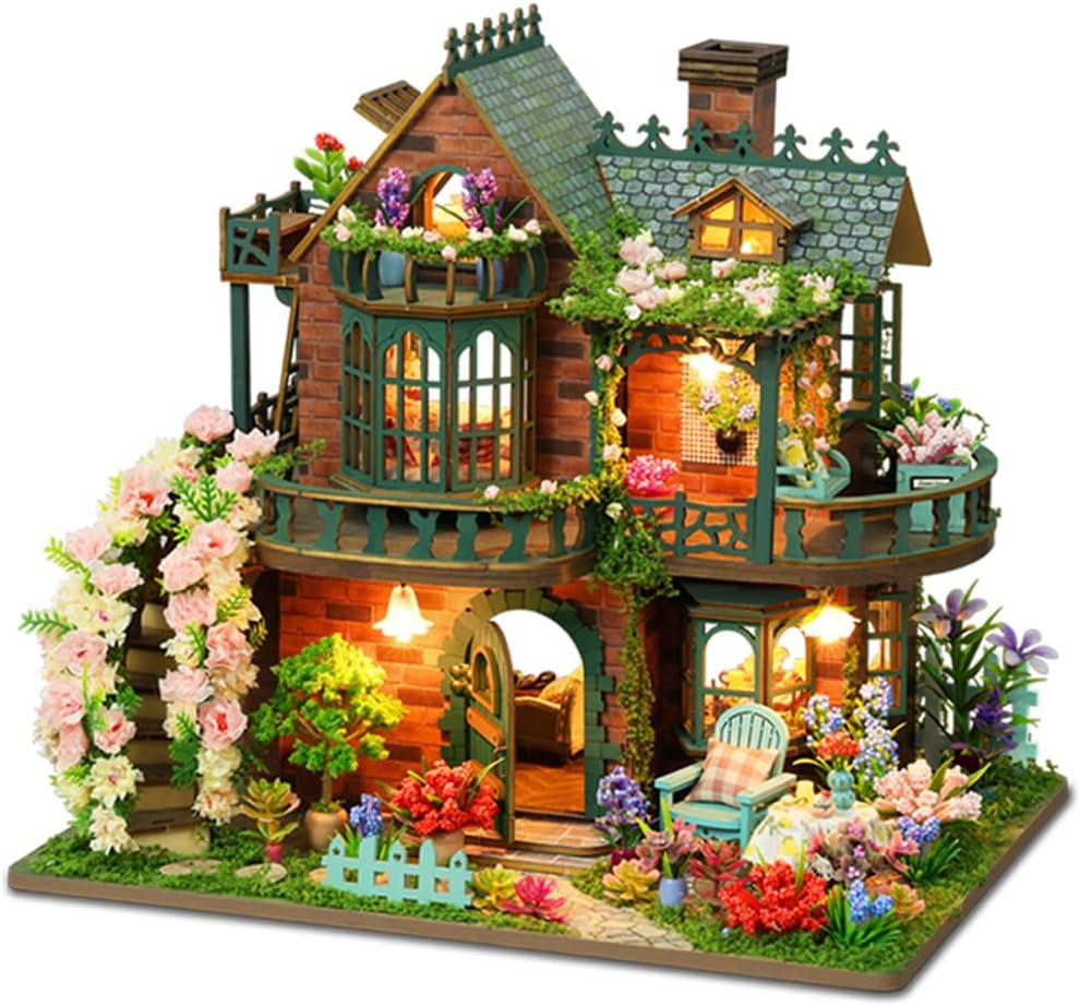 Yuzhen DIY Miniature Dollhouse with Furniture and LED Lights, Wooden Dollhouse Includes Dustcover and Music Movement