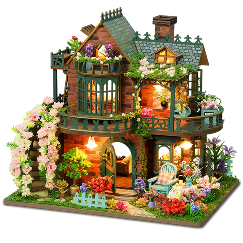 Yuzhen DIY Miniature Dollhouse with Furniture and LED Lights, Wooden Dollhouse Includes Dustcover and Music Movement