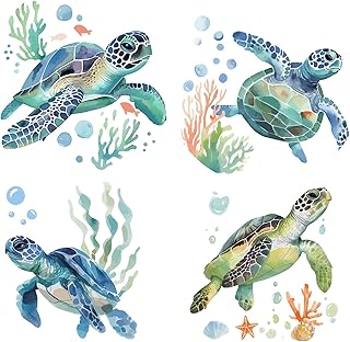 GORGECRAFT 4Pcs 6.3 Inch Sea Turtle Window Cling Reusable Ocean Creatures Coral Seaweed Bubble Glass Sliding Door Sticker Static Decal PVC Vinyl Alert Decal to Prevent Birds Strike for Home Decoration