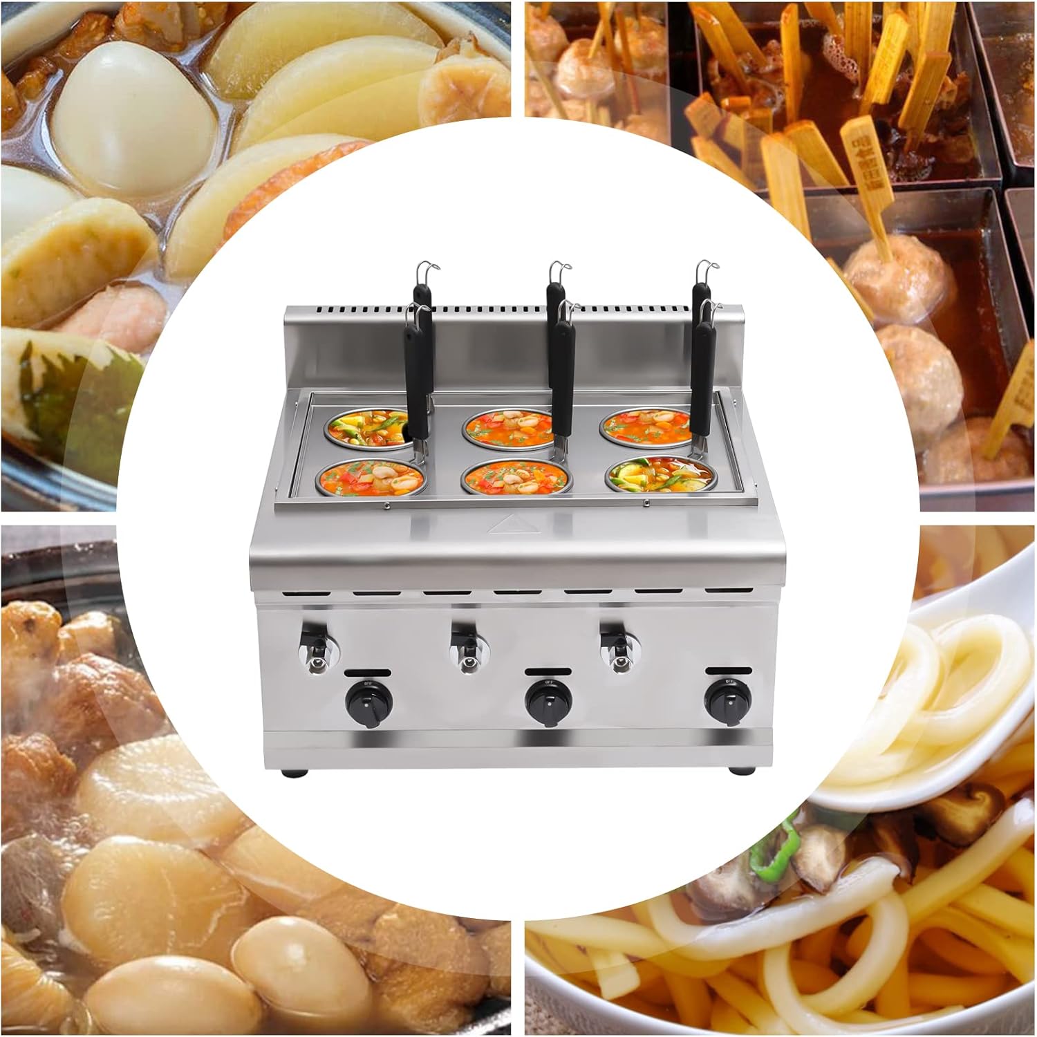 Commercial Pasta Cooker, 6 Holes Propane Gas LPG Desktop Ramen Cooker Noodles Cooker Machine Pasta Makers Oven Pasta Cooking Tool Dumpling with Noodles Filter for Homes, Restaurants, Food Stalls