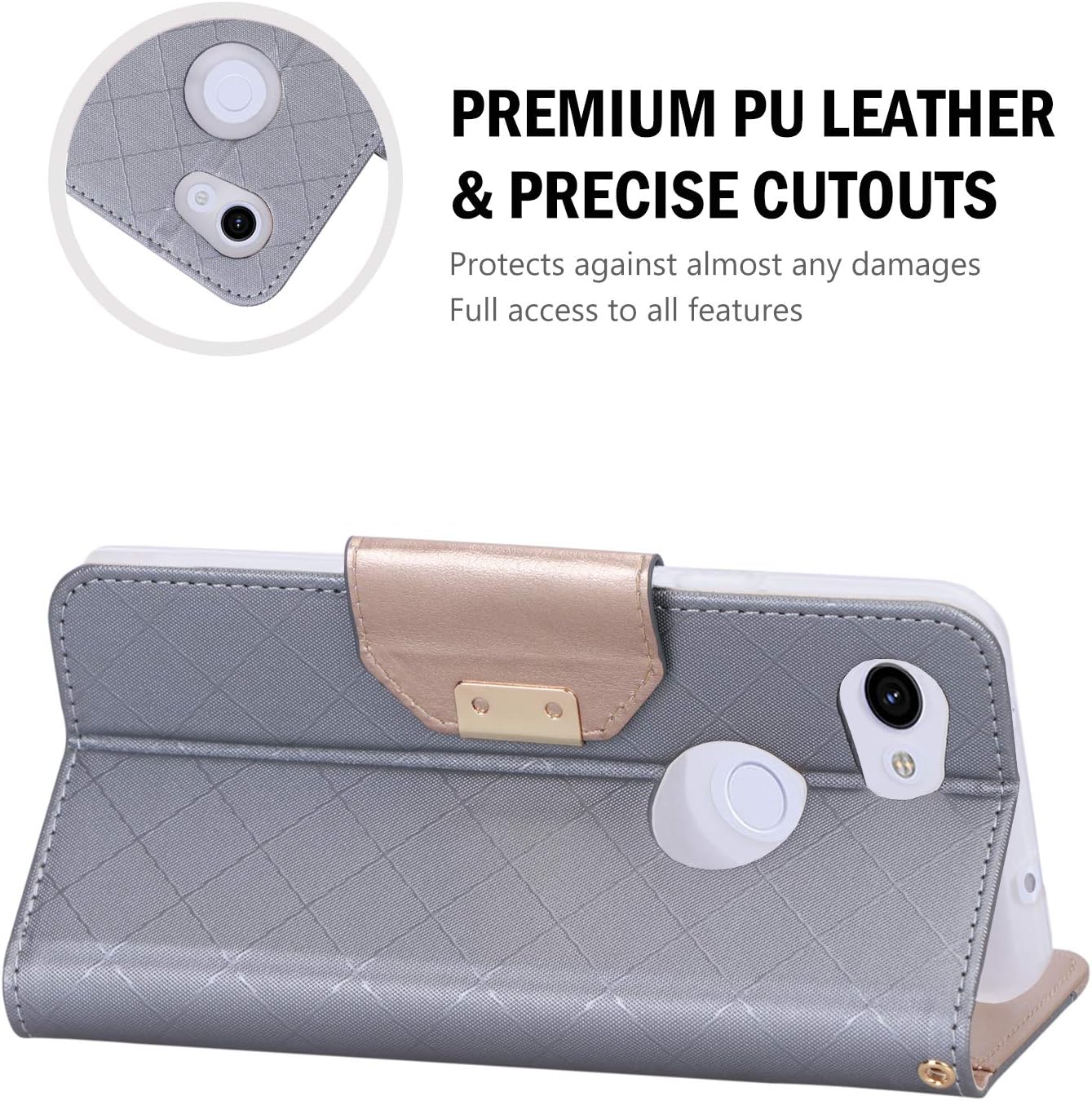 ProCase Pixel 3a Wallet Case, Flip Kickstand Case with Card Slots Mirror Wristlet, Folding Stand Protective Cover for Google Pixel 3a (2019 Release) -Grey
