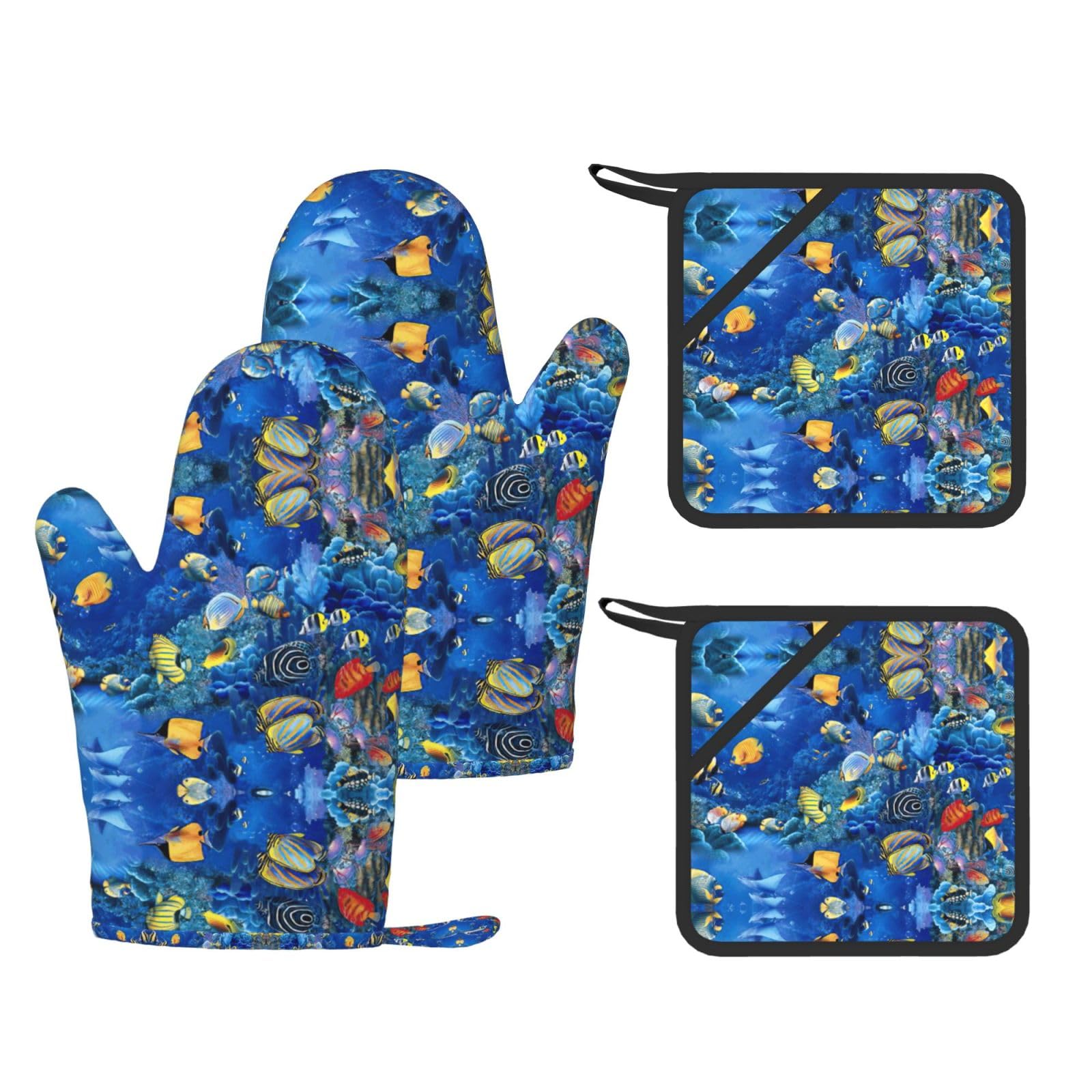 Tropical Fishes Printed Oven Gloves and Hot Pads Set of 4, High Heat Resistant Silicone Mitts for Cooking BBQ