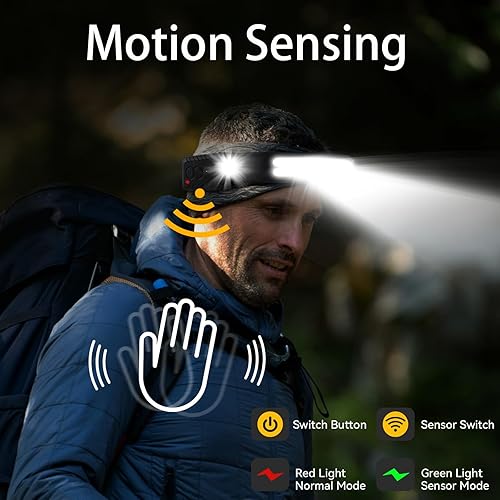 Miniatura 4 de Linterna frontal LED recargable, luz de diadema para faros delanteros con sensor de movimiento rojo alimentado por batería, haz ancho de 230 luces