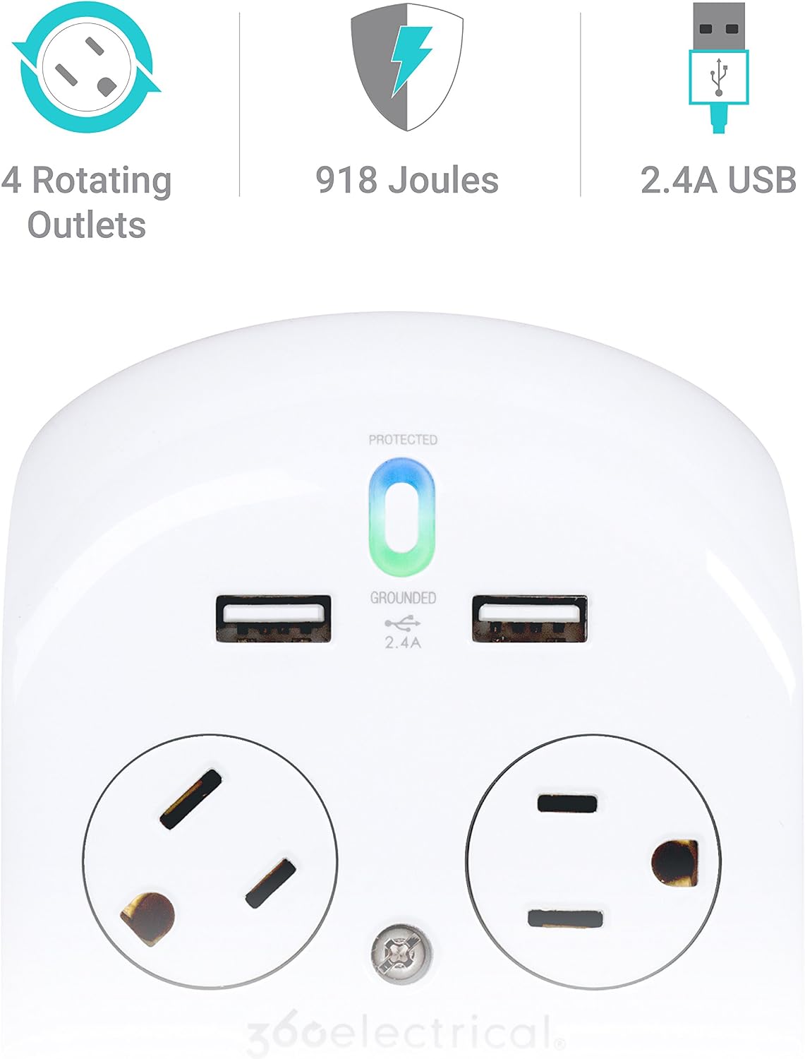 360 Electrical 36037 Revolve Plus Surge 4 Rotating Outlets + 2 USB PortsSurge Protector