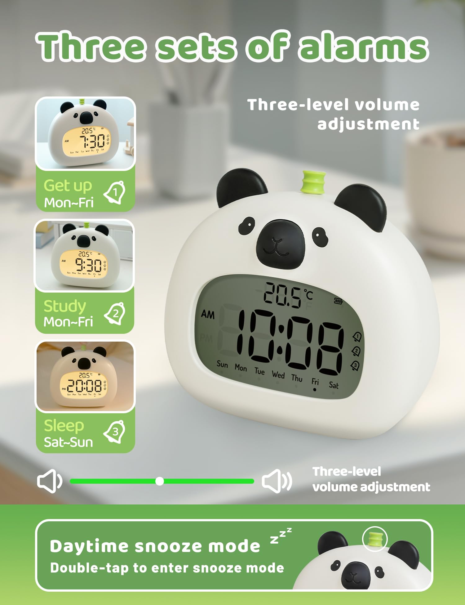 Panda Réveil numérique avec température et date, fonction snooze, 3 réglages d'alarme, éclairage LED jaune chaud, convient pour chambre, table de chevet, études et décoration d'intérieur