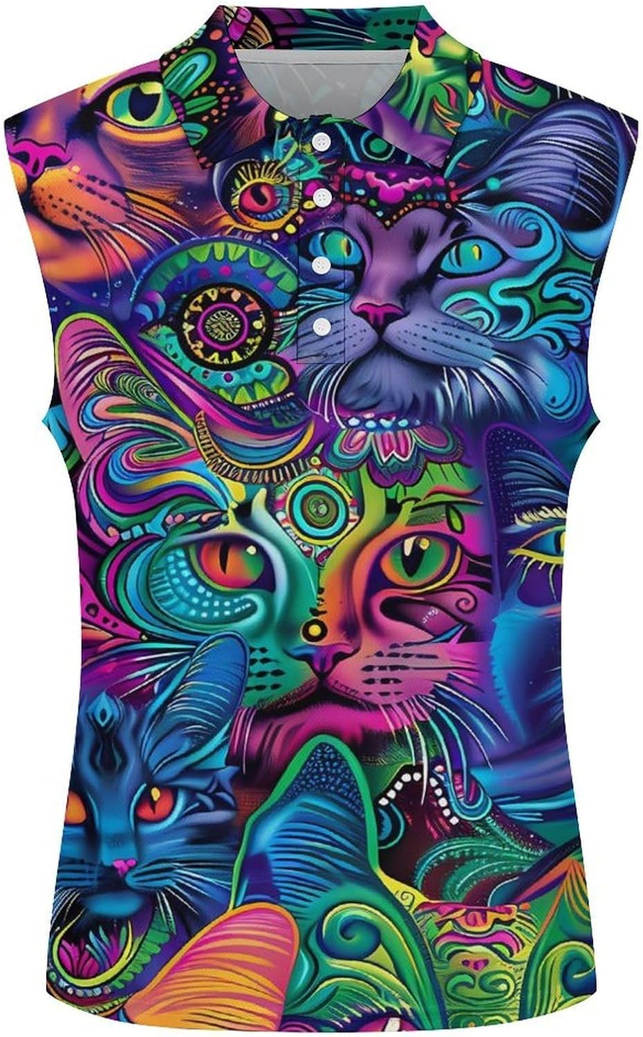 Colorful Cat Faces Women Sleeveless Collared Golf Polo Shirt | V Neck Tank Top,Breathable Tennis Shirts
