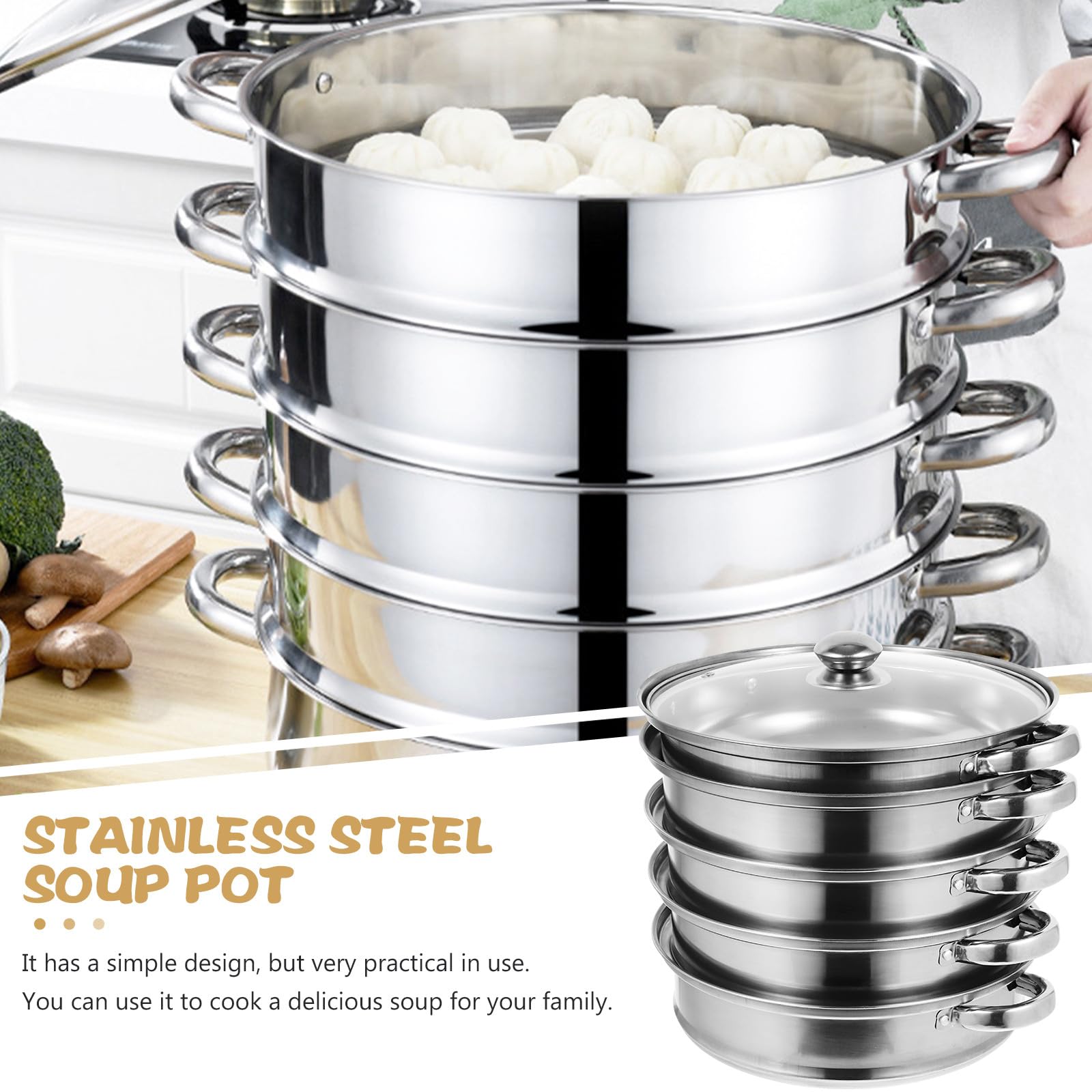 IMIKEYA Pentola a vapore in acciaio inox 5 livelli 28 cm, pentola da zuppa multifunzionale per cucina a vapore, utensili da cucina pratici per vapore, bollire e cucinare a casa