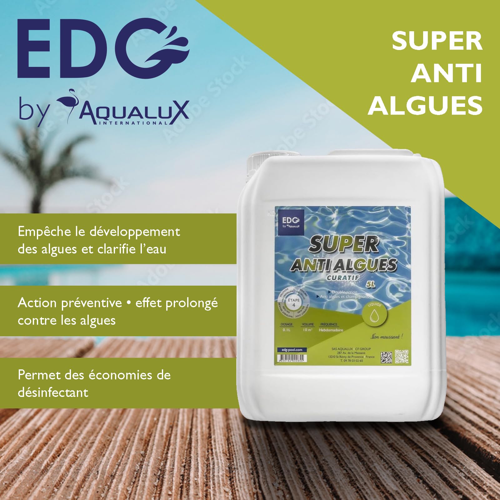 EDG - Super Anti Algues Piscine - Action Curative Anti Eau Verte et Eau Trouble - Effet Algicide - Bidon 5 litres - EDG by AQUALUX International