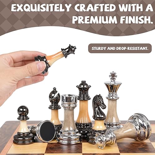 Miniatura 3 de Juego de ajedrez grande de lujo de 17 pulgadas, tablero de ajedrez de madera con piezas de ajedrez de metal y acrílico, tamaño King de 3.5 pulgadas,