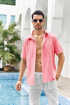 Erzto Camicia Da Uomo A Maniche Corte In Lino, Guayabera Hawaiana, Con Bottoni, Casual, Estiva