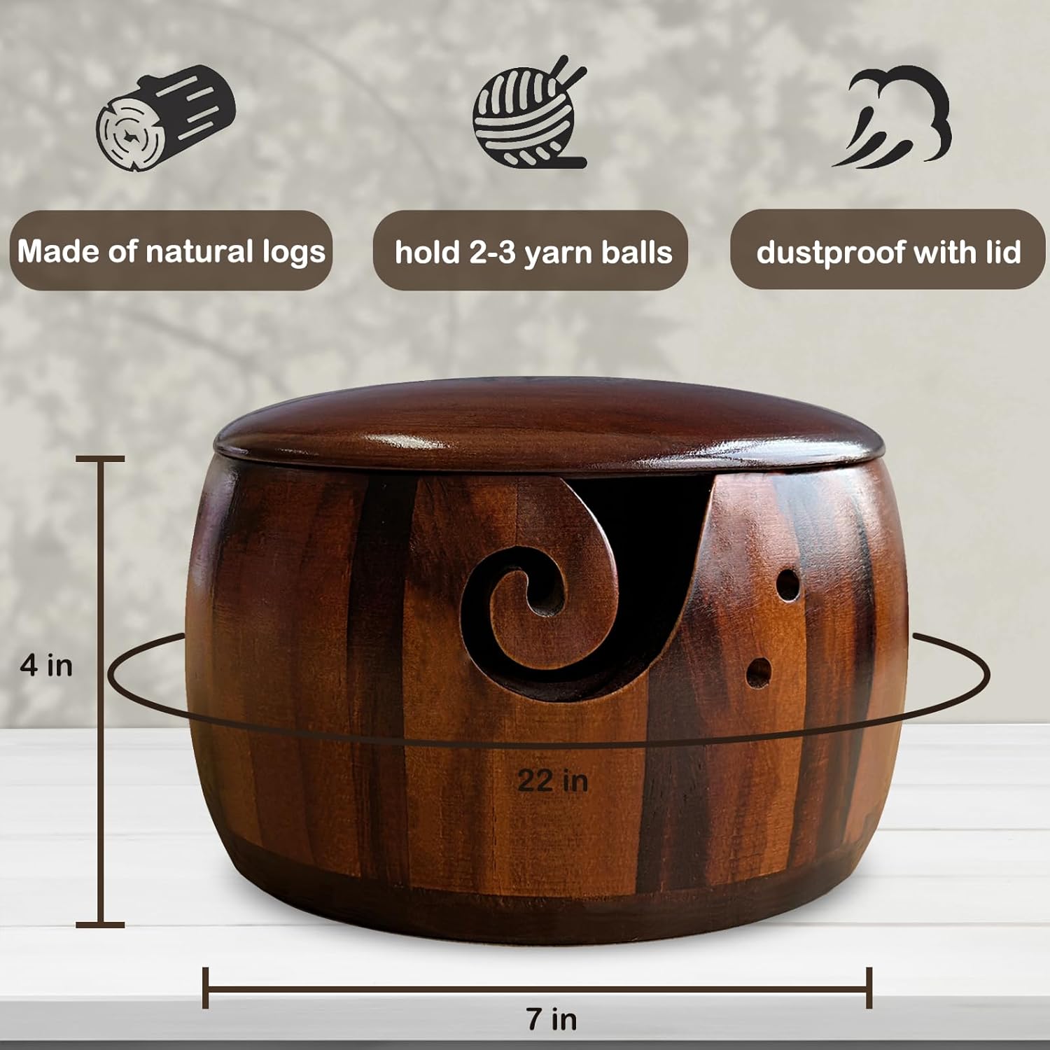 Wood Yarn Bowl with Lid, Crochet Bowls for Yarn,Knitting Yarn Bowl with Holes Storage,Yarn Holder Bowl for Crocheting and Knitting 7X4in,Knitting Bowl for Handmade Crocheting Accessories