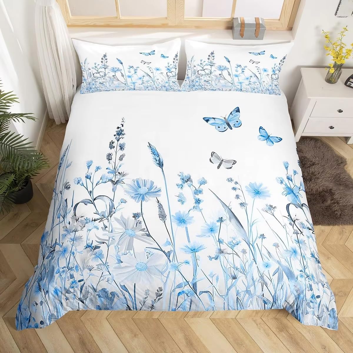 Housse de couette fleurs bleues 240x260 papillons pour lit double adulte et fille