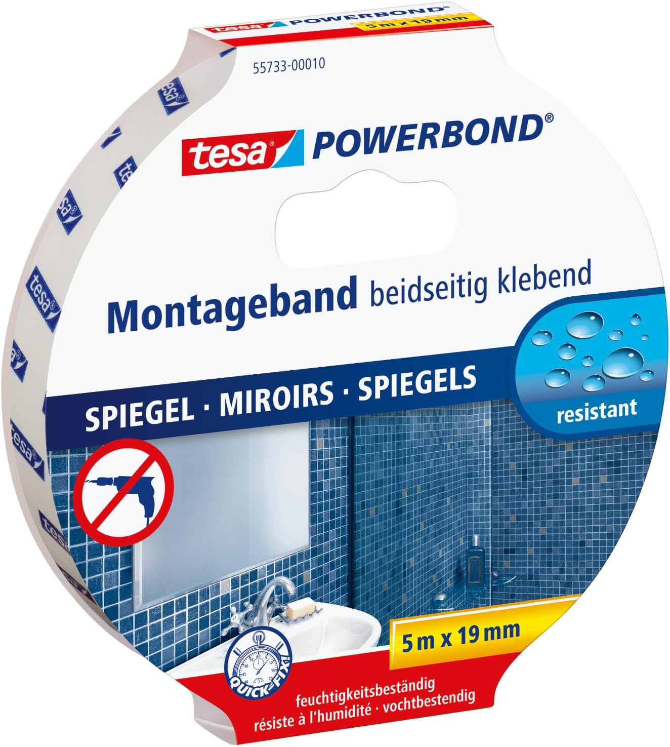 tesa Powerbond Mirror - Double-Sided Mounting Tape for Mirrors - Humidity-Resistant Adhesive Tape for Bathrooms and Showers - 5 m x 19 mm