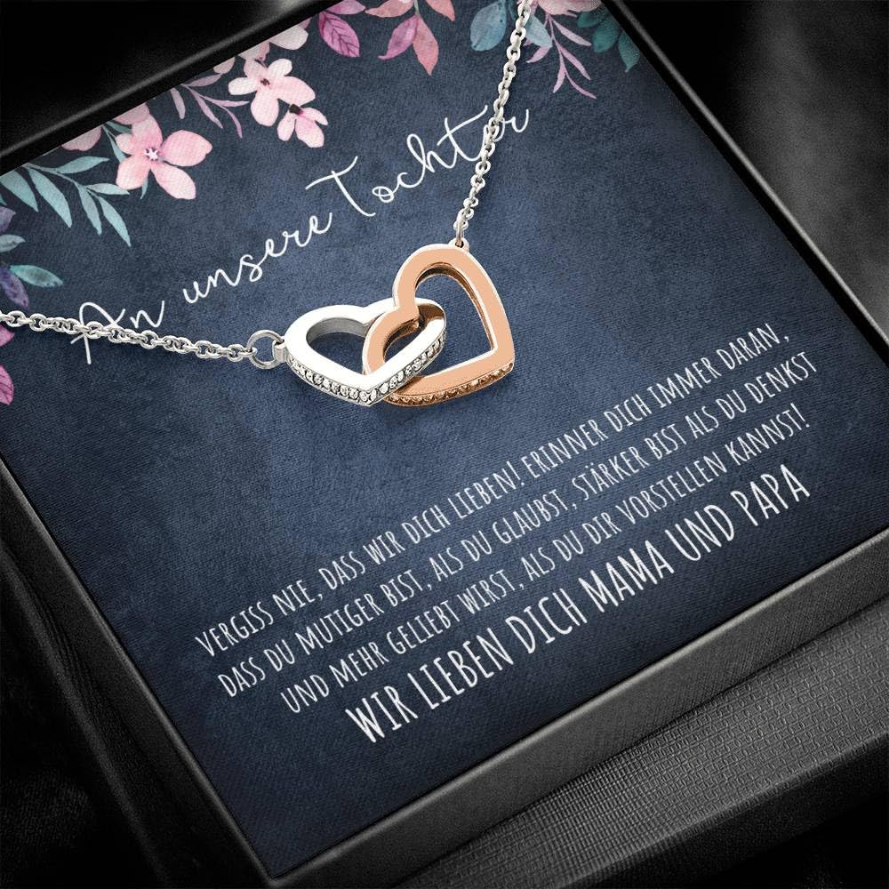 An meine Tochter Vergiss nie Doppelherz Karabiner Halskette mit personalisierter Karte und Geschenk- Box Kette mit Zirkonia zum Geburtstag Weihnachten