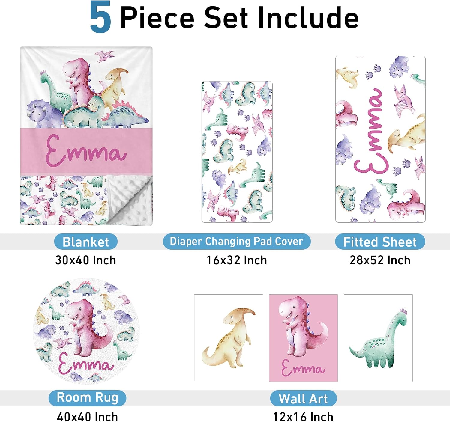 Dyoart Personalized Baby Crib Bedding Set - 5 Piece Custom Gift Crib Dinosaurs Bed Set with Name for Baby Girls, Crib Sheet,Changing Pad Cover, Rug, Wall Art, Nursery Decor for Infant(Fixed Size)
