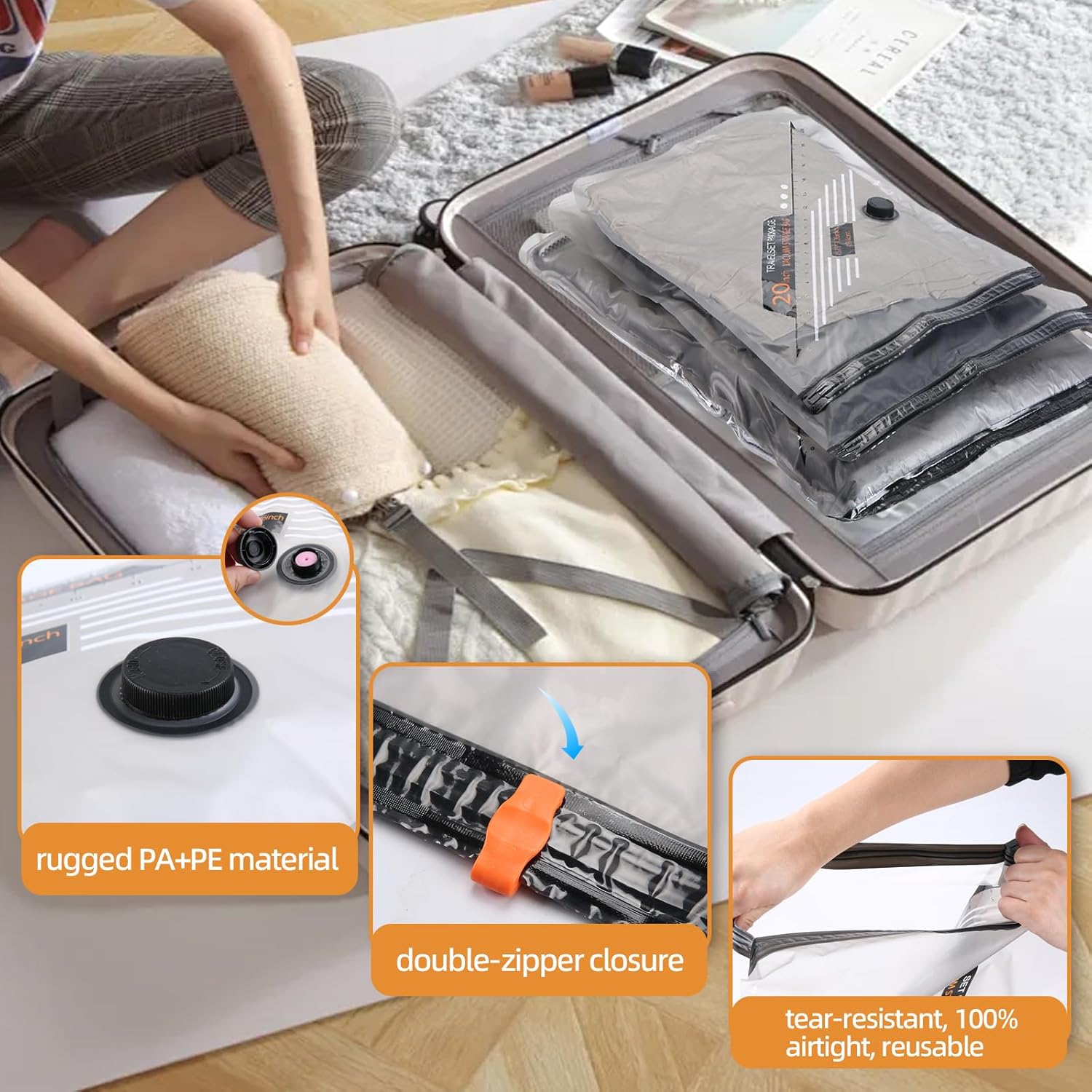 Vacuum Seal Bags For Travel With Rechargeable Cordless Pump, 15 Pack Space Saver Compression Bags For Clothes, Bedding, Blankets, Pillows, Luggage, Travel Vacuum Storage Bag Set