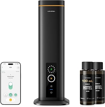 Airversa Waterless Diffuser, Smart Tower Diffuser with App Control, Cold Air Scent Diffuser Oil Machine for Homes Offices Hotels, 300mL Capacity, Up to 1500 sq ft, DC-12V/1A Plug, RDX Black Kit