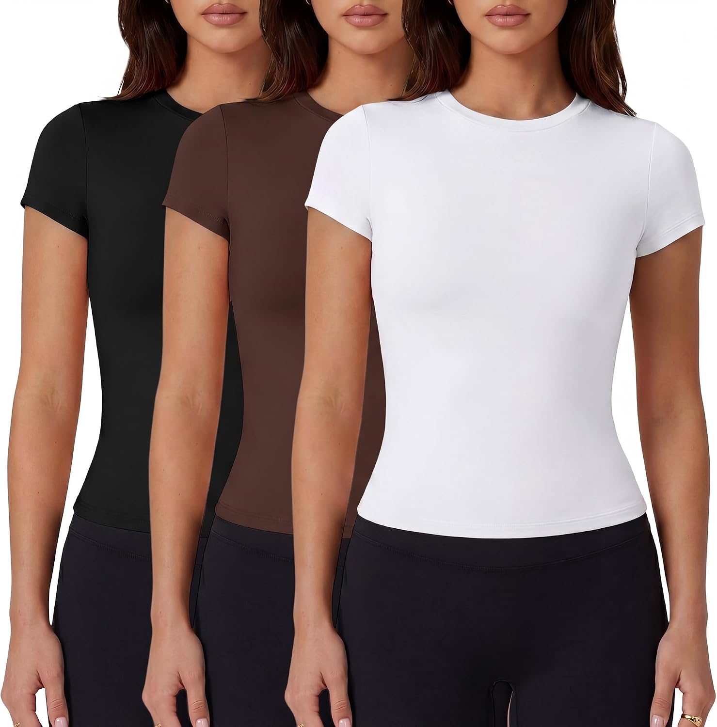 Coume 3 Pack Women's Short Sleeve Compression Shirts Fitted Workout Crop Tops Crew Neck T-Shirts Athletic Gym Yoga Running