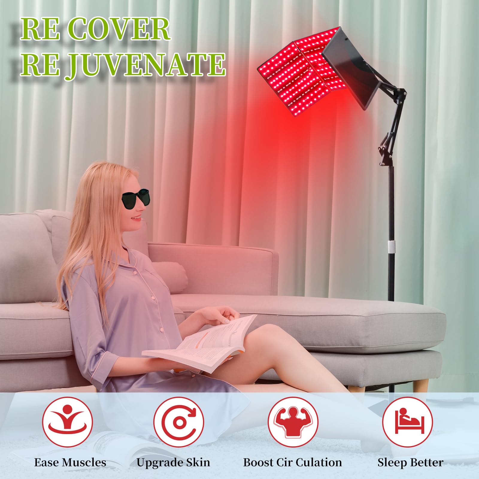 Lampa do terapii światłem czerwonym z 480 diodami LED, 660 nm i 850 nm, regulowany stojak, 6 ustawień czasu, 5 poziomów jasności, 3 tryby światła do twarzy i ciała