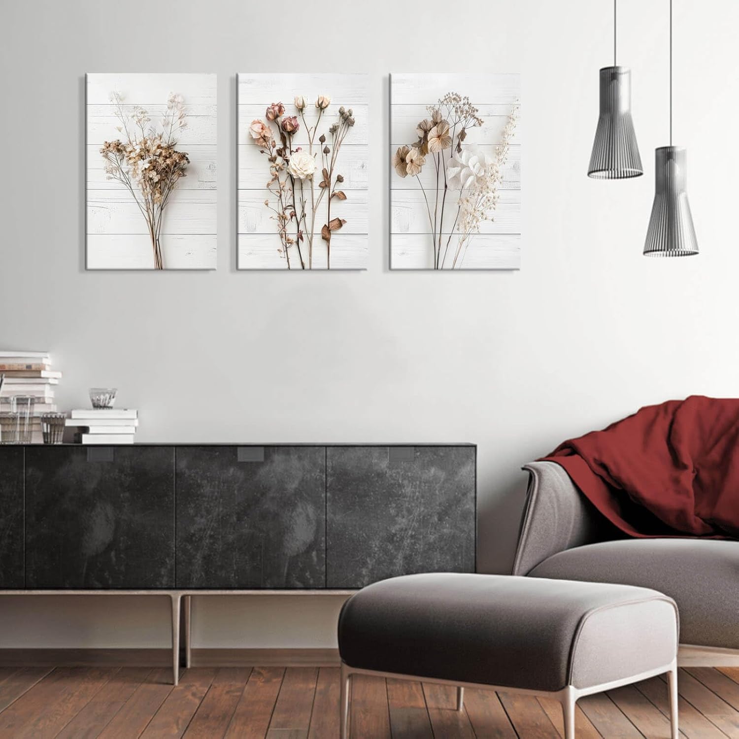 Modern Farmhouse Wall Decor Dried Wildflower Neutral Canvas Print Still Life Wall Art for Bedroom Aesthetic Rustic Floral Wall Art for Living Room Wall Decoration Stretched Set of 3 Pieces 16x24inches