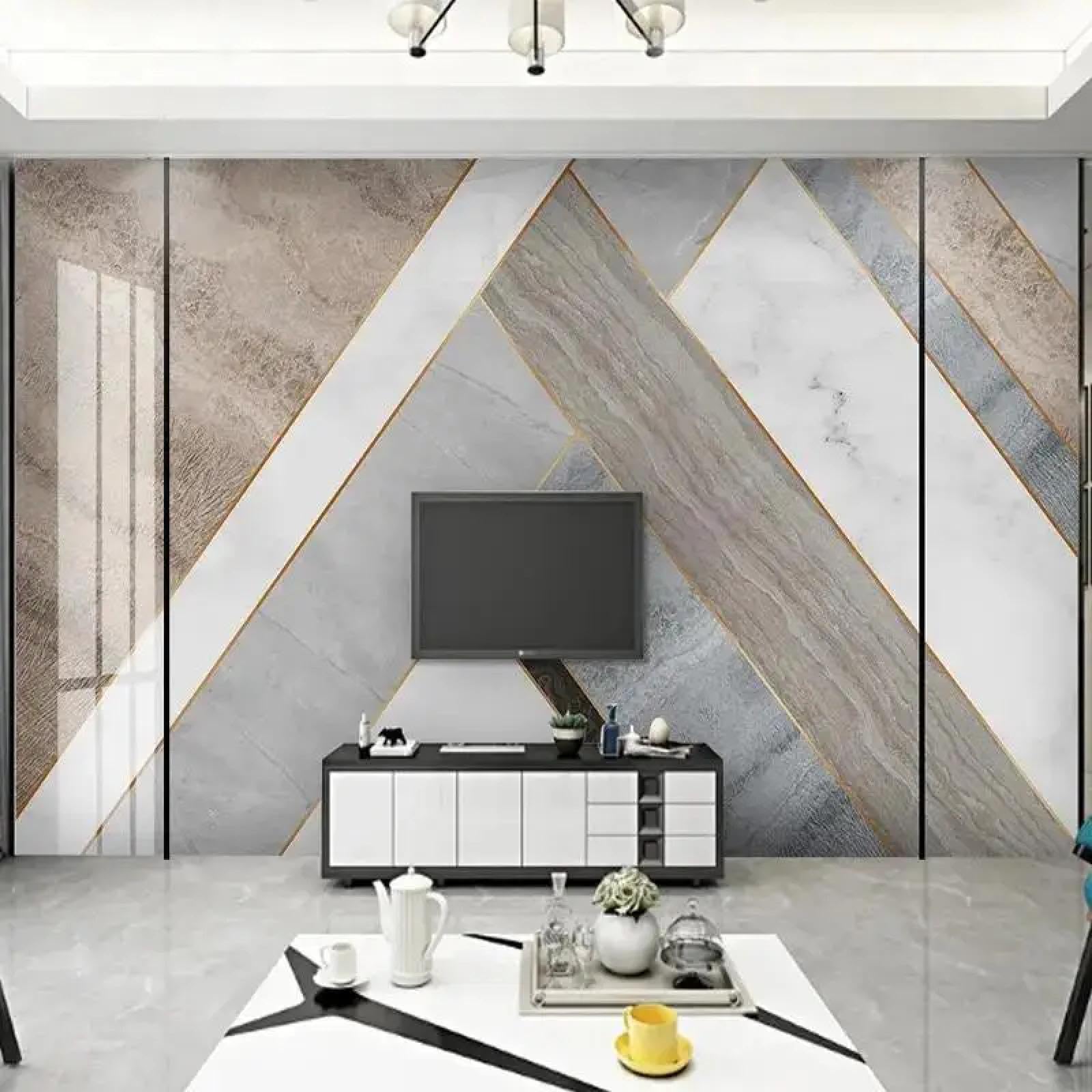 Rénovation murale salon papier peint 3D marbre pour agrandir l'espace