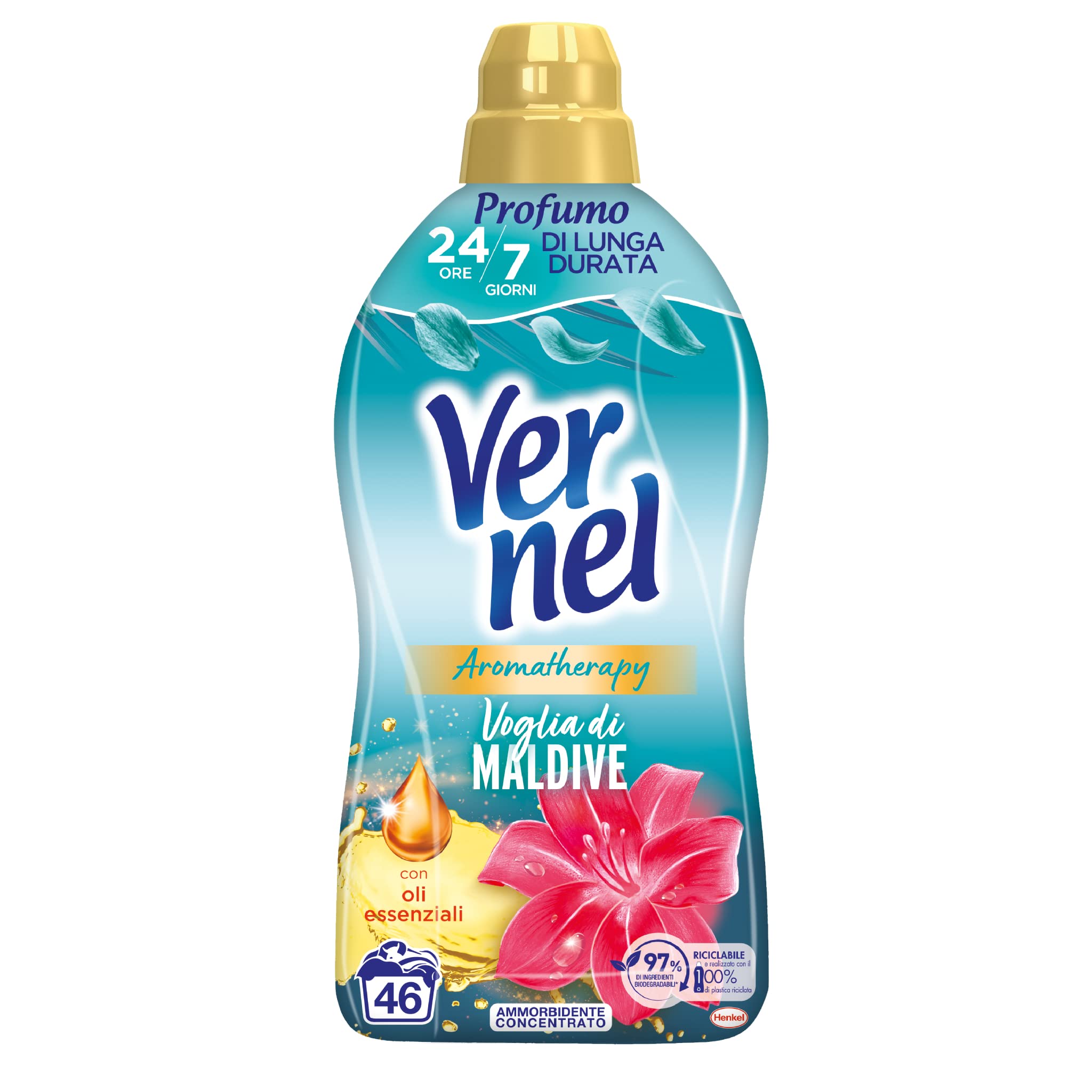 Vernel Aromatherapy Voglia di Maldive, Ammorbidente Lavatrice Concentrato, Sensazione di Profumo come appena lavato, 8 x 46 lavaggi, totale 368 lavaggi