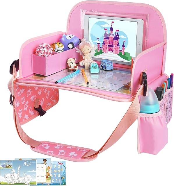 MENZOKE Car Seat Tray, Kids Travel Tray for Toddler, Lap Tray with Dry Erase Board & Cooler Cup Holder, Travel Essentials Accessories with No-Drop Large Tablet iPad Holder Stand,Pink | Road Trip Essentials Accessories Lap Tray with iPad Holder Stand