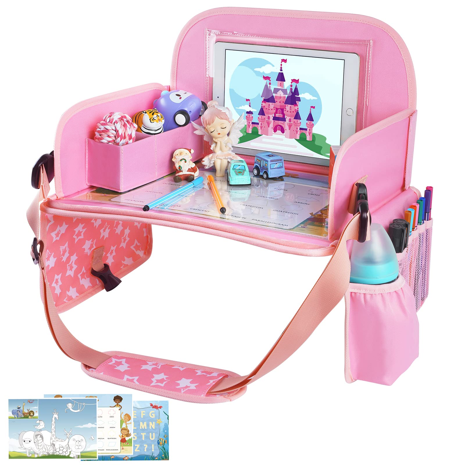 MENZOKE Kids Travel Tray for Toddler Car Seat, Lap Tray for Girl Activities with Dry Erase Board & Cooler Cup Holder, Road Trip Essentials Accessories with No-Drop Large Tablet iPad Holder Stand,PinkMENZOKE Kids Travel Tray for Toddler Car Seat, Lap…