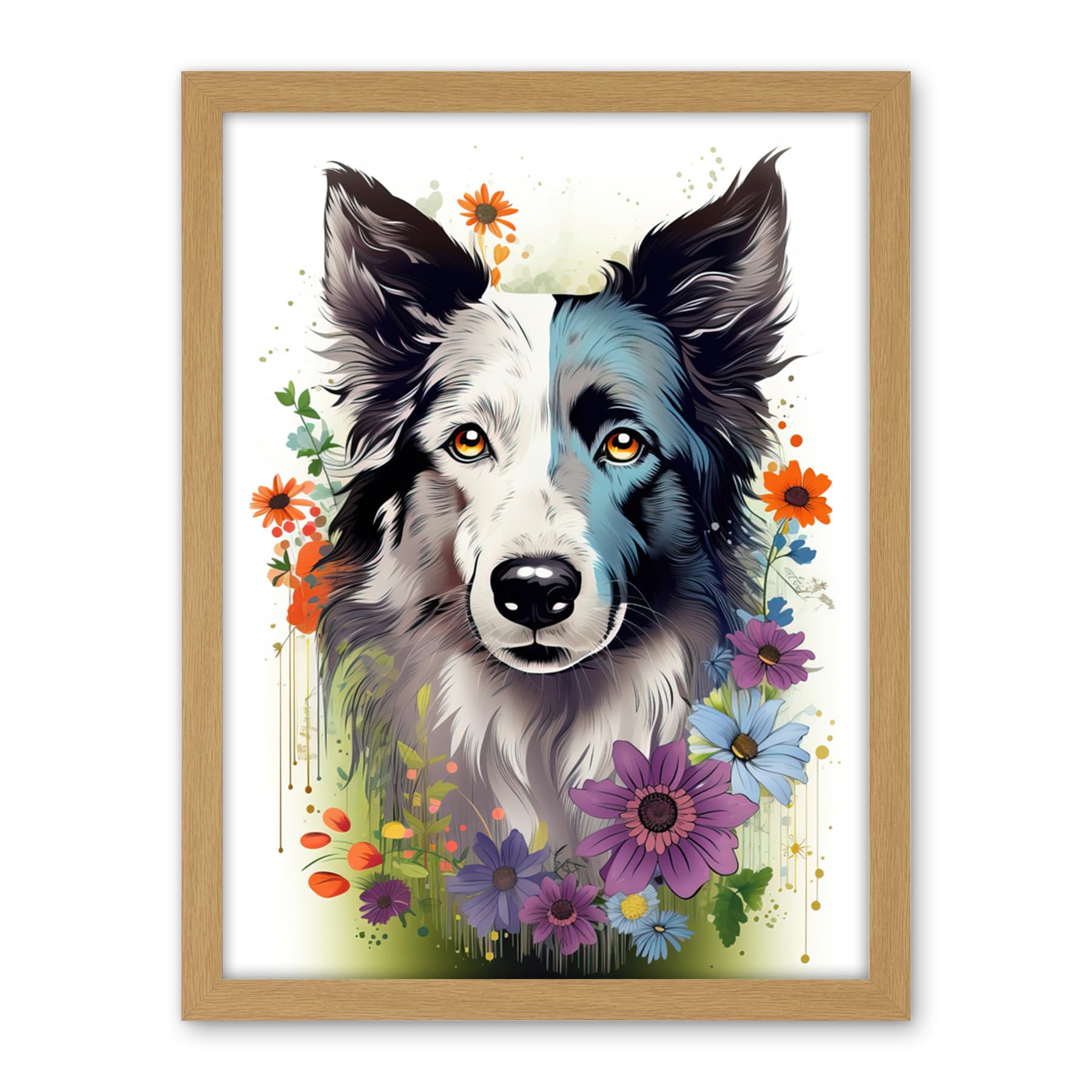 Artery8 Border Collie Dog Pict Scotland Blue Bawsant Face Bright Artwork Portrait with Wildflowers Artwork Framed Wall Art Print 18X24 Inch