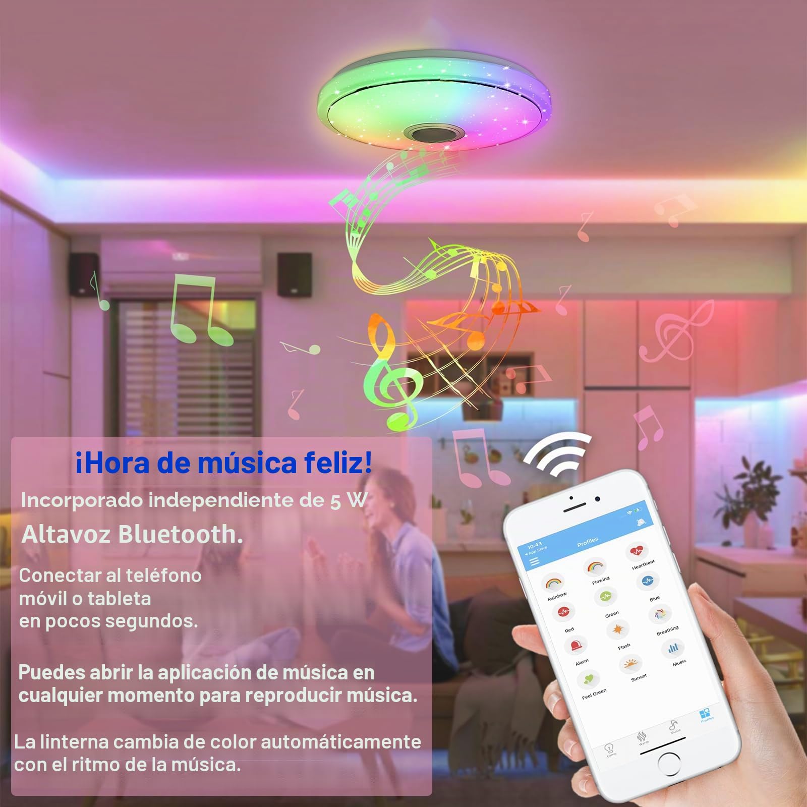 UISEBRT - Lámpara de techo LED regulable (48 W, con altavoz Bluetooth, luz inteligente RGB con mando a distancia y control de aplicación, lámpara de techo con cambio de color para sala de estar