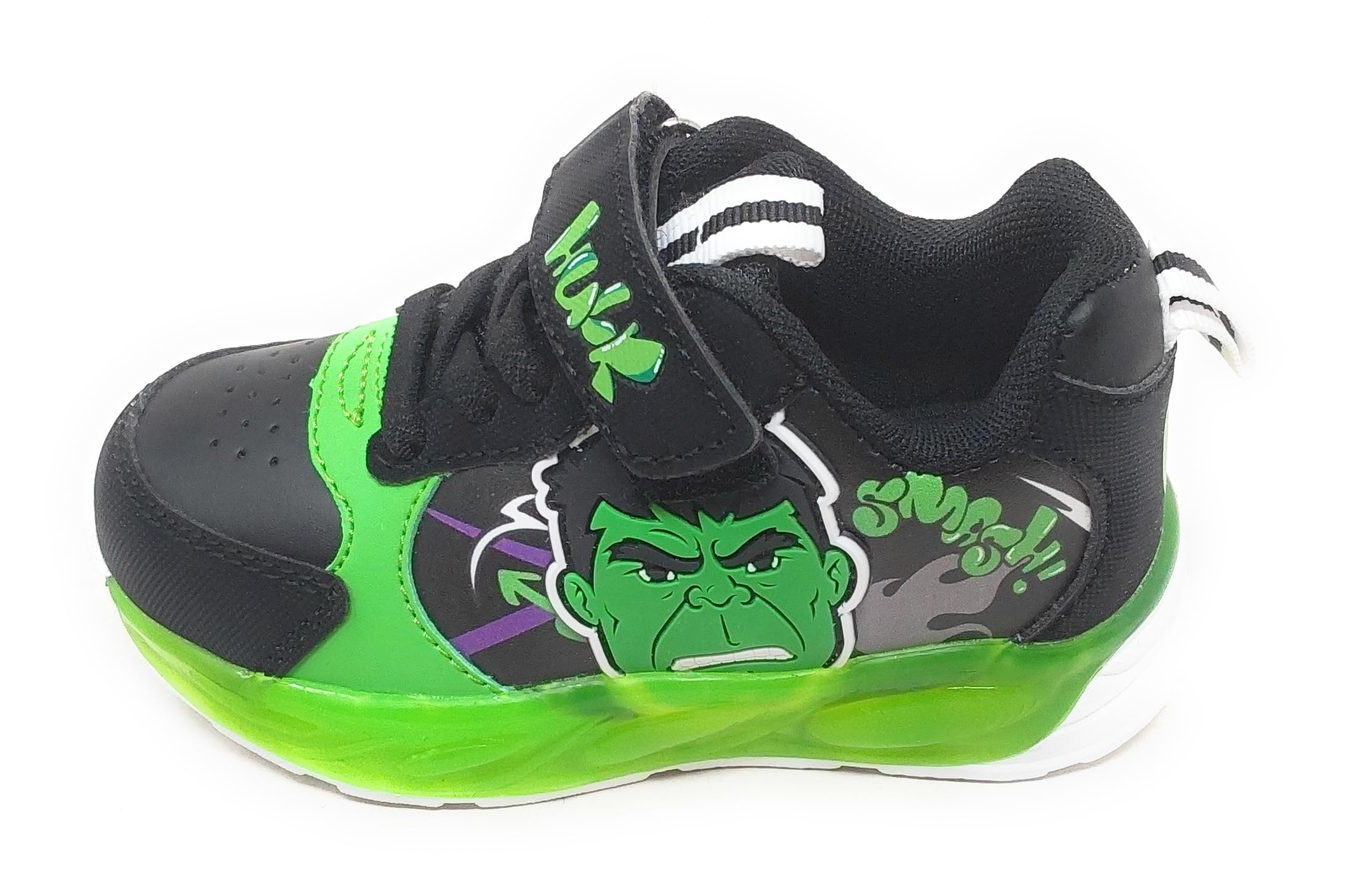 Scarpe da Bambino con Luci LED,Design a Tema Hulk,Verde e Nero, R1010288S Chiusura a Strappo,Suola Antiscivolo