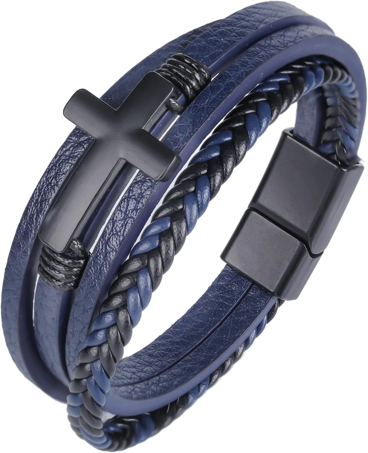 Mens Leather Cross Bracelet Braided Multi Layer Wristband with Stainless Steel Clasp - Christian Religious Gifts for Him(Brown/Black/Blue)