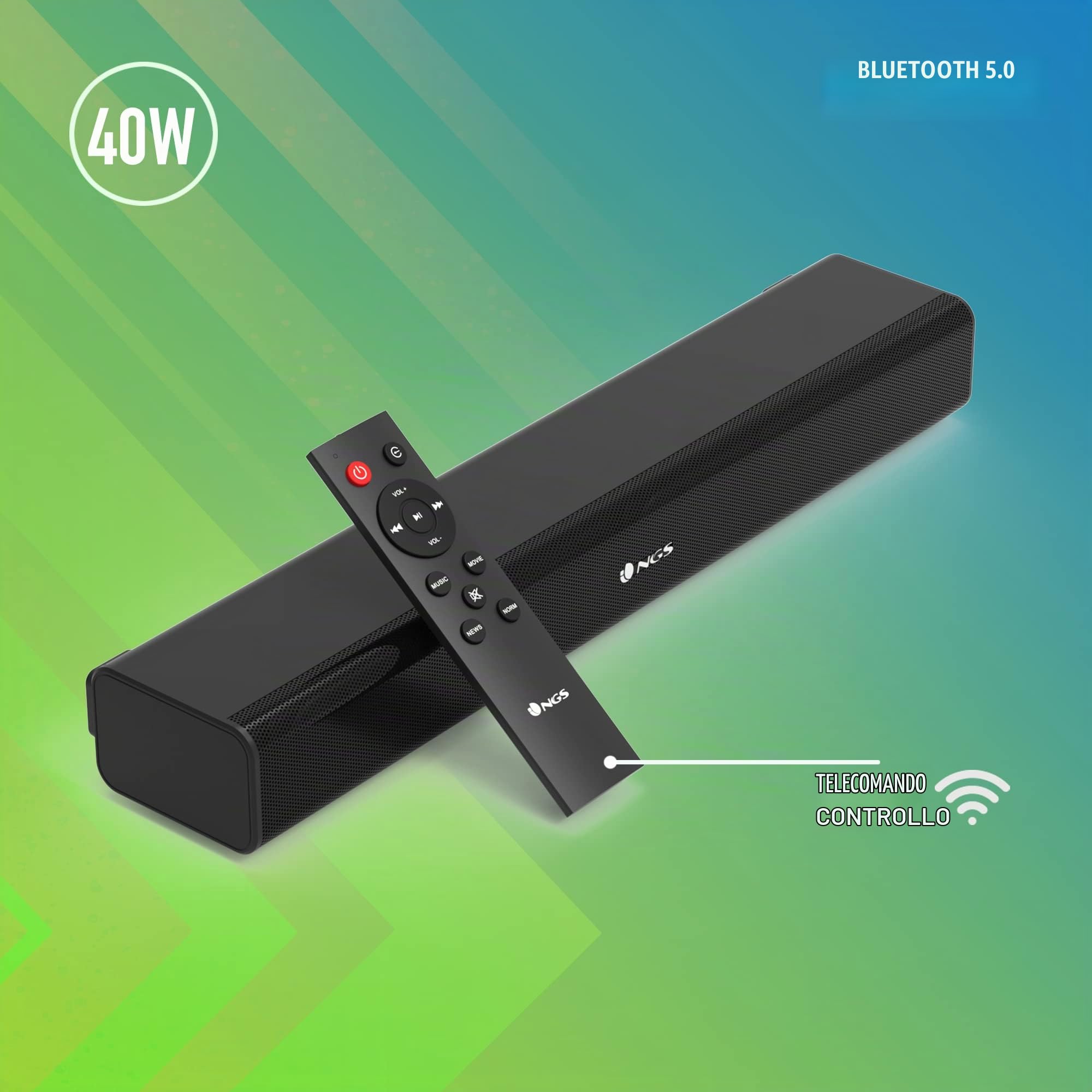 NGS SUBWAY - Sounbar Compatible con la Tecnologia Bluetooth. 40W, Ingresso: Optical, USB, AUX IN, Telecomando.