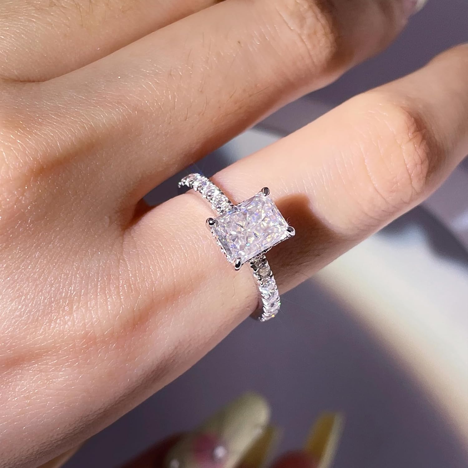 TIANYU GEMS 2CT Radiant Moissanite Engagement Ring, Sterling Silver GHI VVS Clarity Rectangle Moissanite Ring with 18K White Gold Plated for Women Wedding Memorial Day Party Dress Costume