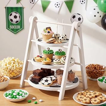 Marsui 3 Tier Soccer Ball Serving Trays Wooden Shaped Soccer Stand Platters 12'' 10'' 8'' Round Charcuterie Plate Board Reusable Party Serving Plate for Game Tailgate Party Supplies