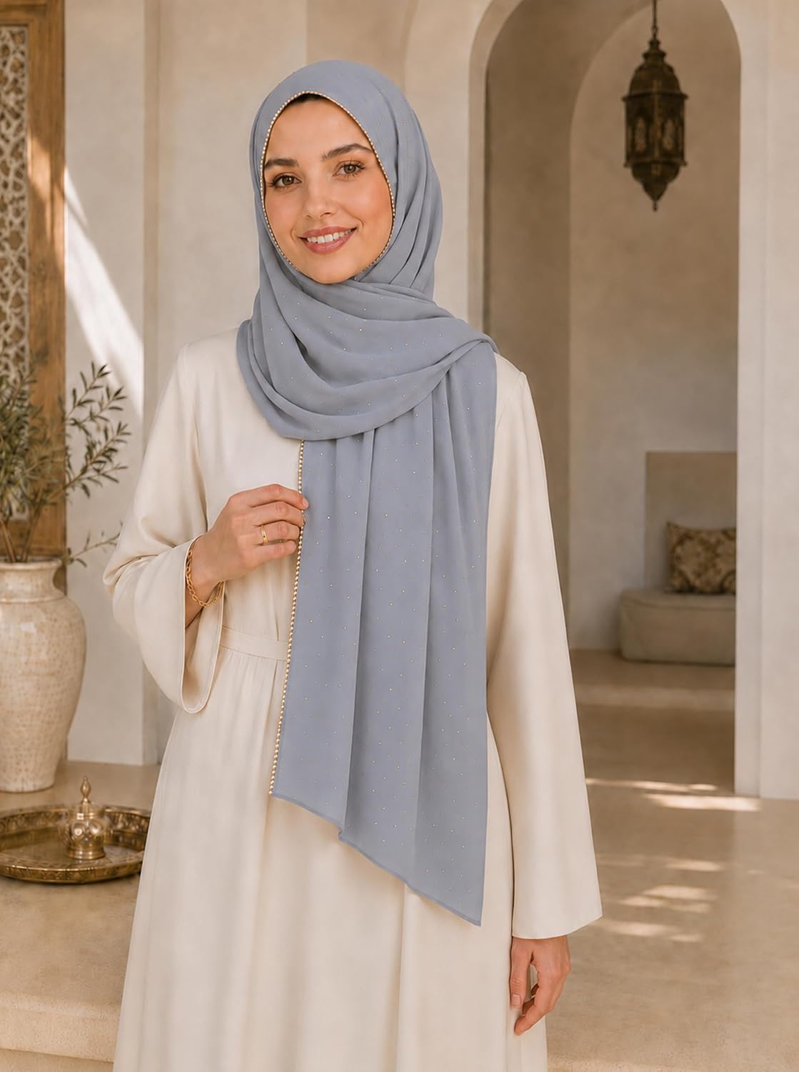 Rhinestone Chiffon Hijab for Women, Gold Chain Trim Muslim Head Scarf, Lightweight Shawl Wrap